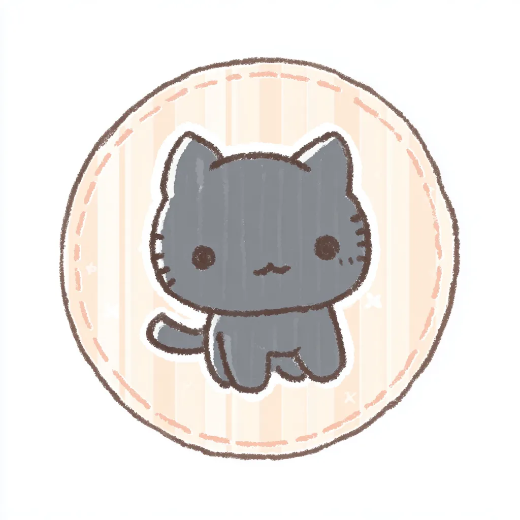 かわいいゆるい丸アイコンの黒猫｜グレー寄りの落ち着いた色味で描かれた黒猫がすっきり可愛い印象。きりっとした輪郭と背景のステッチが「かわいいゆるい丸アイコンの」やさしさとくっきり感の両立を感じさせます。