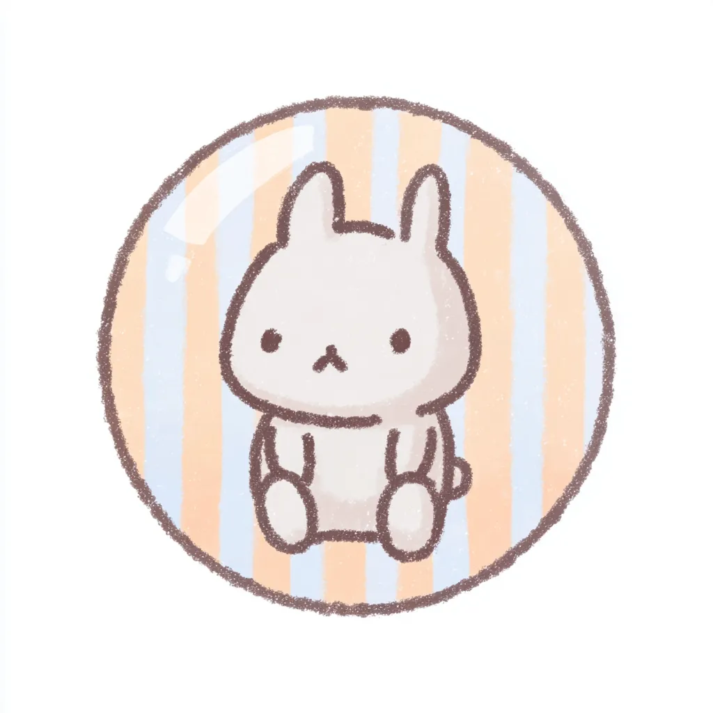 かわいいゆるい丸アイコンのうさぎ｜ちょこんとおすわりしたポーズが可愛らしいうさぎ。背景のブルーとオレンジのストライプが「かわいいゆるい丸アイコンの」やわらかな印象を引き立て、どこか切なげな表情も魅力的です。