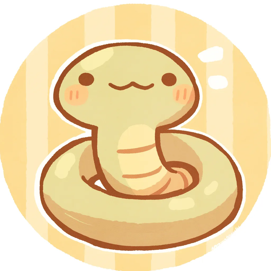 かわいいゆるい丸アイコンの蛇｜クリームがかったイエローの蛇がにっこりとした表情で描かれています。ぷっくりとしたフォルムとほのかなツヤ感が「かわいいゆるい丸アイコンの」親しみやすさを演出しています。