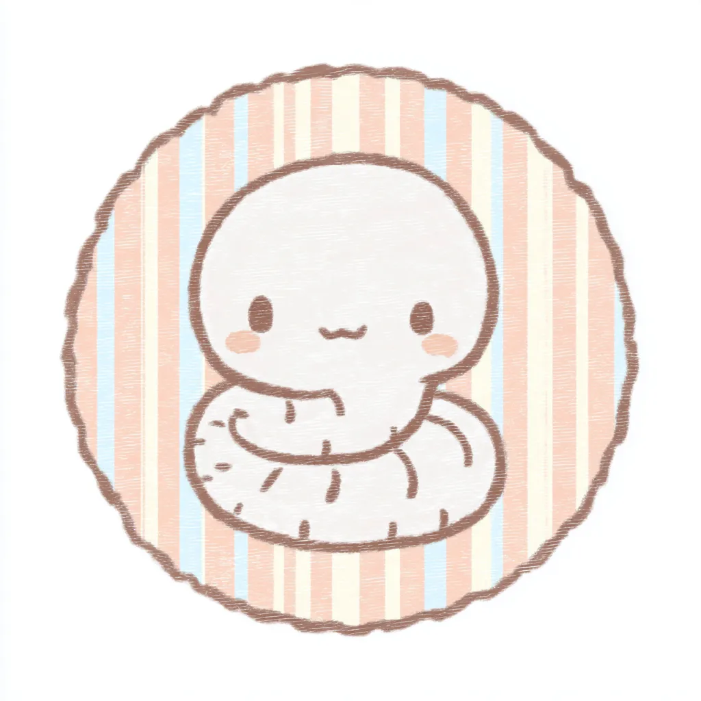 かわいいゆるい丸アイコンの白い蛇｜ほのかに光沢感のある白い蛇が、手描き風のストライプ背景にマッチ。色味と質感のバランスが絶妙で、「かわいいゆるい丸アイコンの」優雅さと清潔感が際立っています。