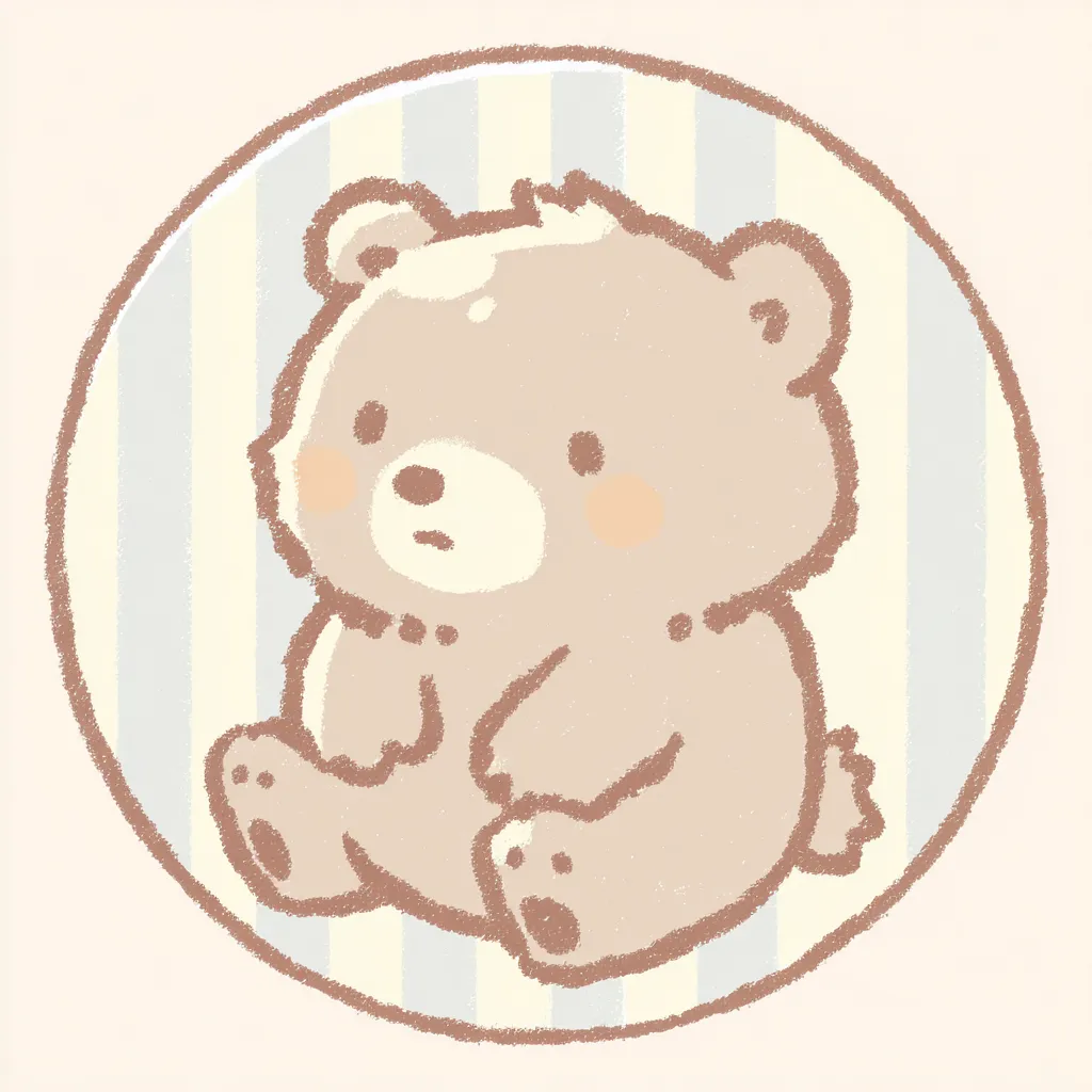 かわいいゆるい丸アイコンのくま①｜やさしい色合いとふんわり線で描かれたかわいいゆるい丸アイコンのくま。背景の縞模様が落ち着いた雰囲気を加え、全体にぬくもりを感じるタッチです。
