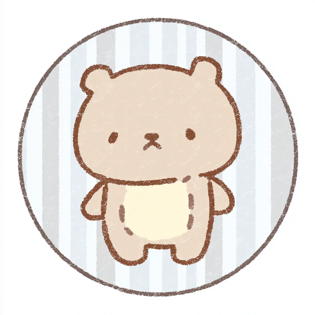 かわいいゆるい丸アイコンのくま④｜少し困ったような表情が魅力のかわいいゆるい丸アイコンのくま。手描き風の質感とストライプの背景がやさしく、癒し系のビジュアルに仕上がっています。