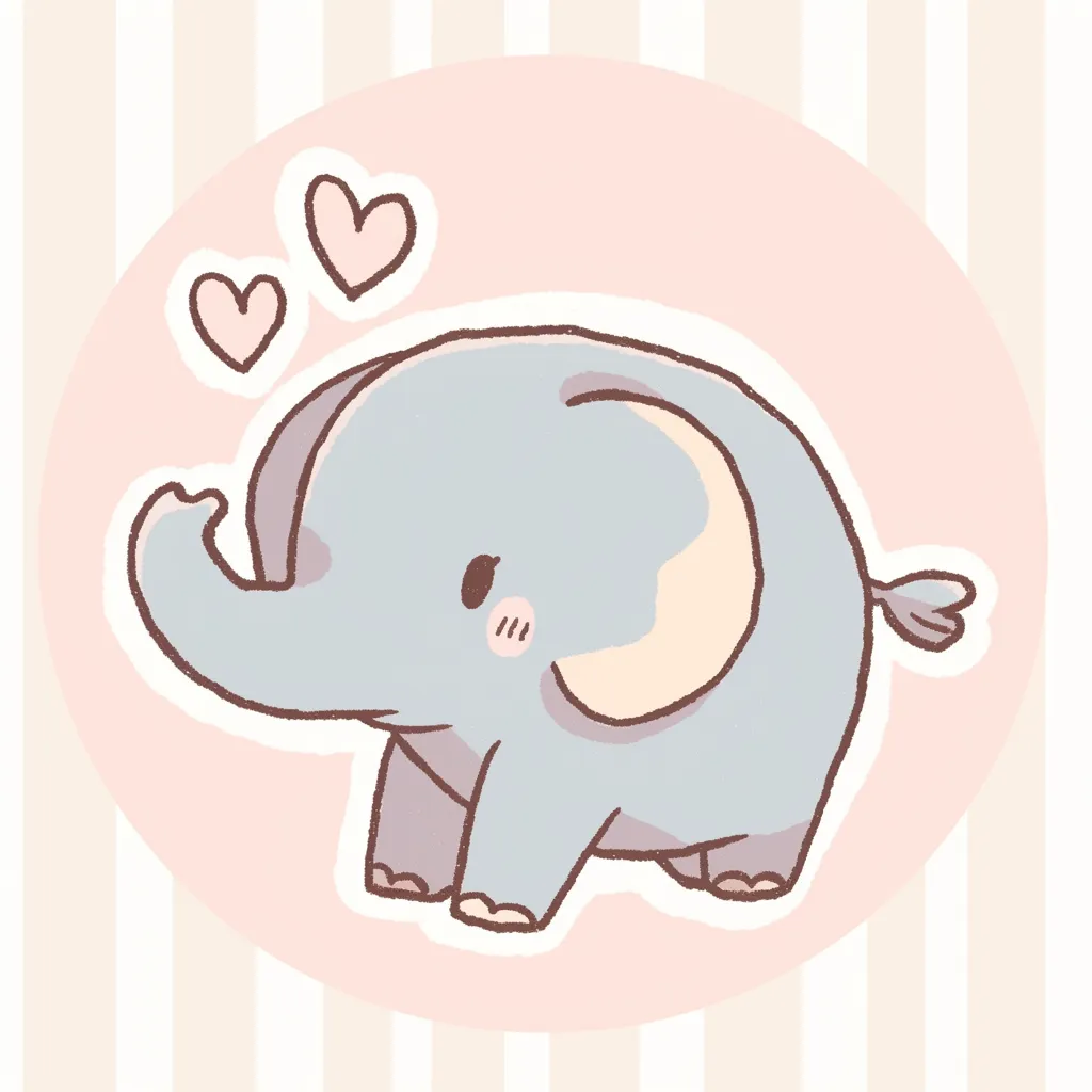 かわいいゆるい丸アイコンのゾウ｜パステルカラーとハートが添えられたかわいいゆるい丸アイコンのゾウ。くるんとしたしっぽと鼻の流れが印象的で、楽しい気持ちを引き出す一枚です。