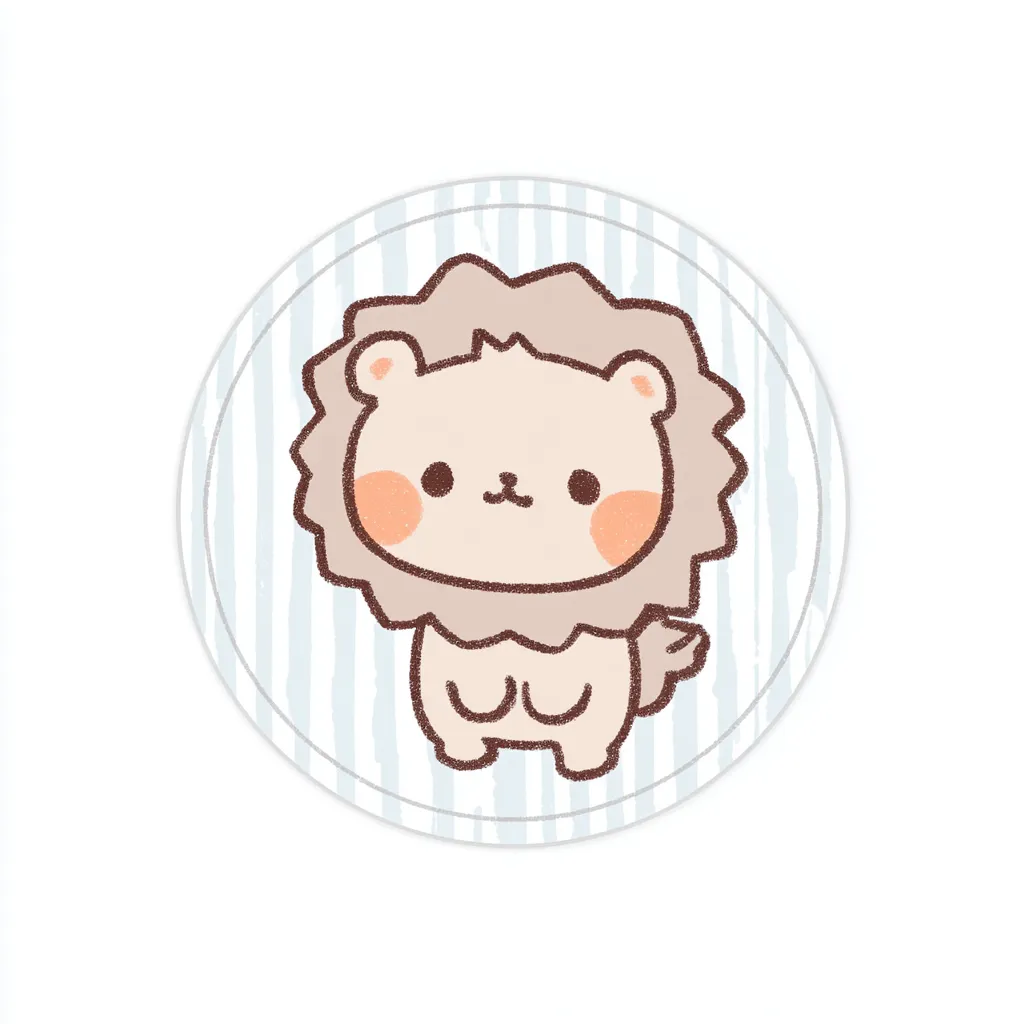 かわいいゆるい丸アイコンのライオン｜たてがみが丸くデフォルメされたかわいいゆるい丸アイコンのライオン。にこやかな表情とチークの赤みが親しみやすく、ほんわかした印象を与えます。