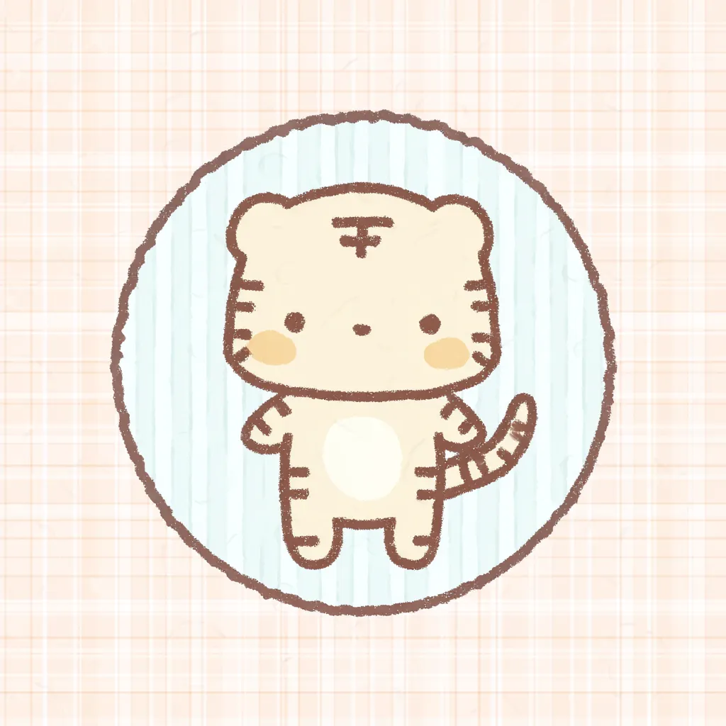 かわいいゆるい丸アイコンの虎｜やさしい色調でまとめられたかわいいゆるい丸アイコンの虎。全体的に線が細くて優しく、背景のパステルストライプも落ち着いた印象を添えています。