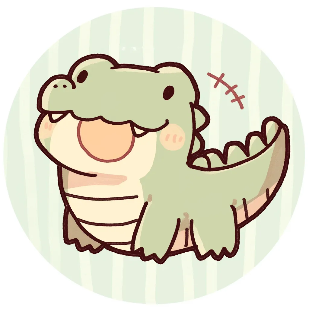 かわいいゆるい丸アイコンのワニ②｜にっこり笑った表情が印象的なかわいいゆるい丸アイコンのワニ。シンプルな線とパステルグリーンの体色が落ち着きとかわいらしさを同時に演出します。