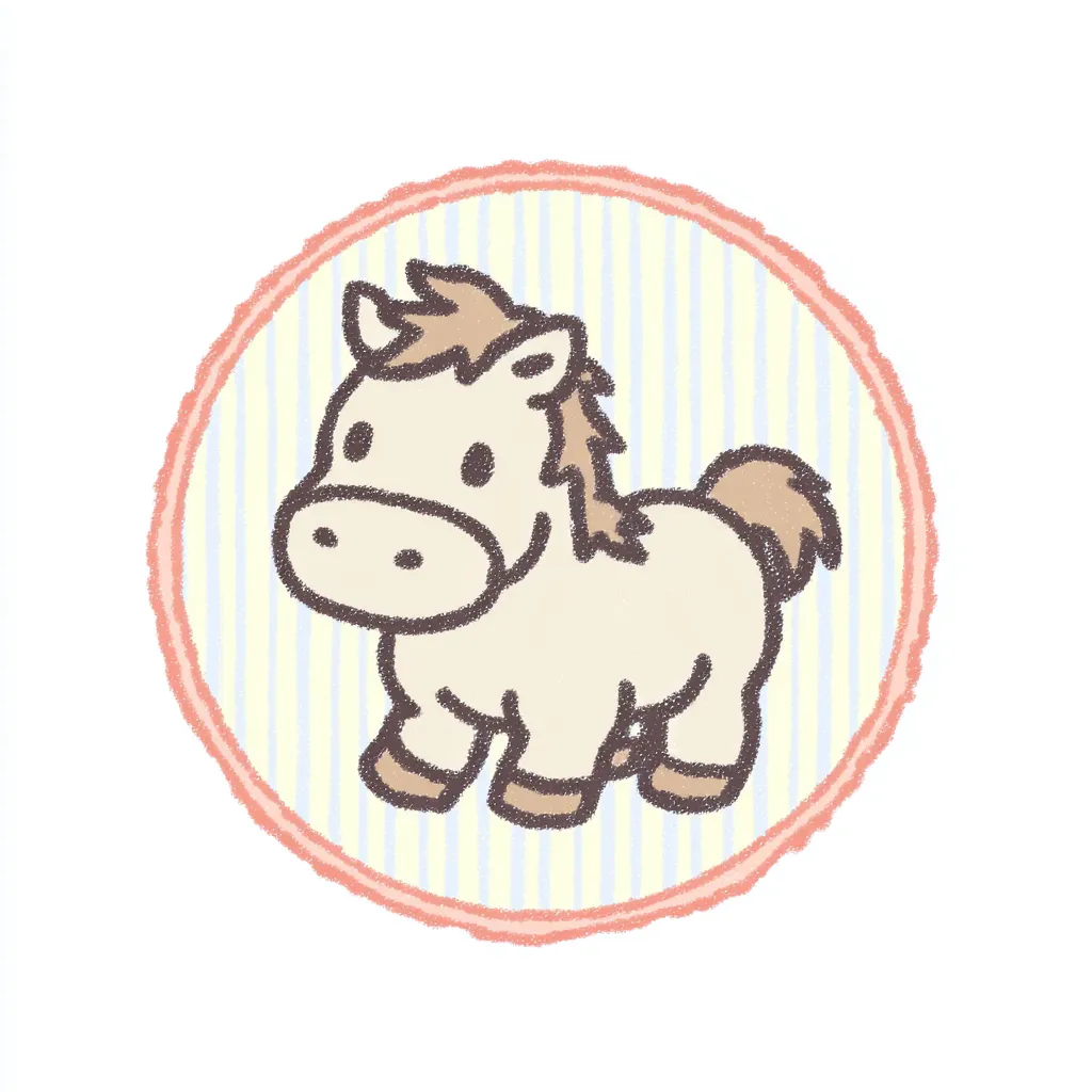 かわいいゆるい丸アイコンの馬②｜手描き風の輪郭と素朴な立ち姿が魅力のかわいいゆるい丸アイコンの馬。背景のストライプがアクセントになっていて、日常使いにぴったりのデザインです。