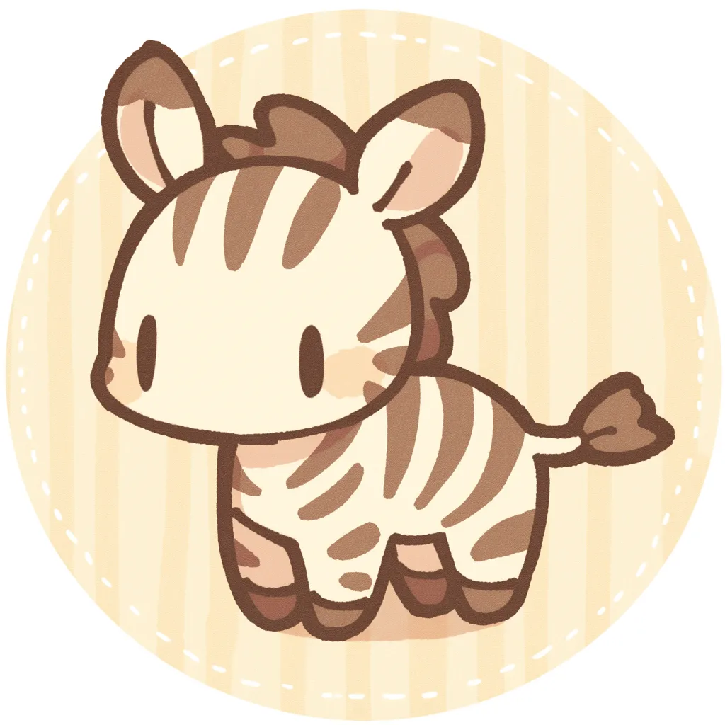 かわいいゆるい丸アイコンのシマウマ｜縞模様も柔らかなトーンでまとめたしまうまのイラストは、温かみのある色彩とシンプルな顔立ちが魅力的な「かわいいゆるい丸アイコンの」一枚です。