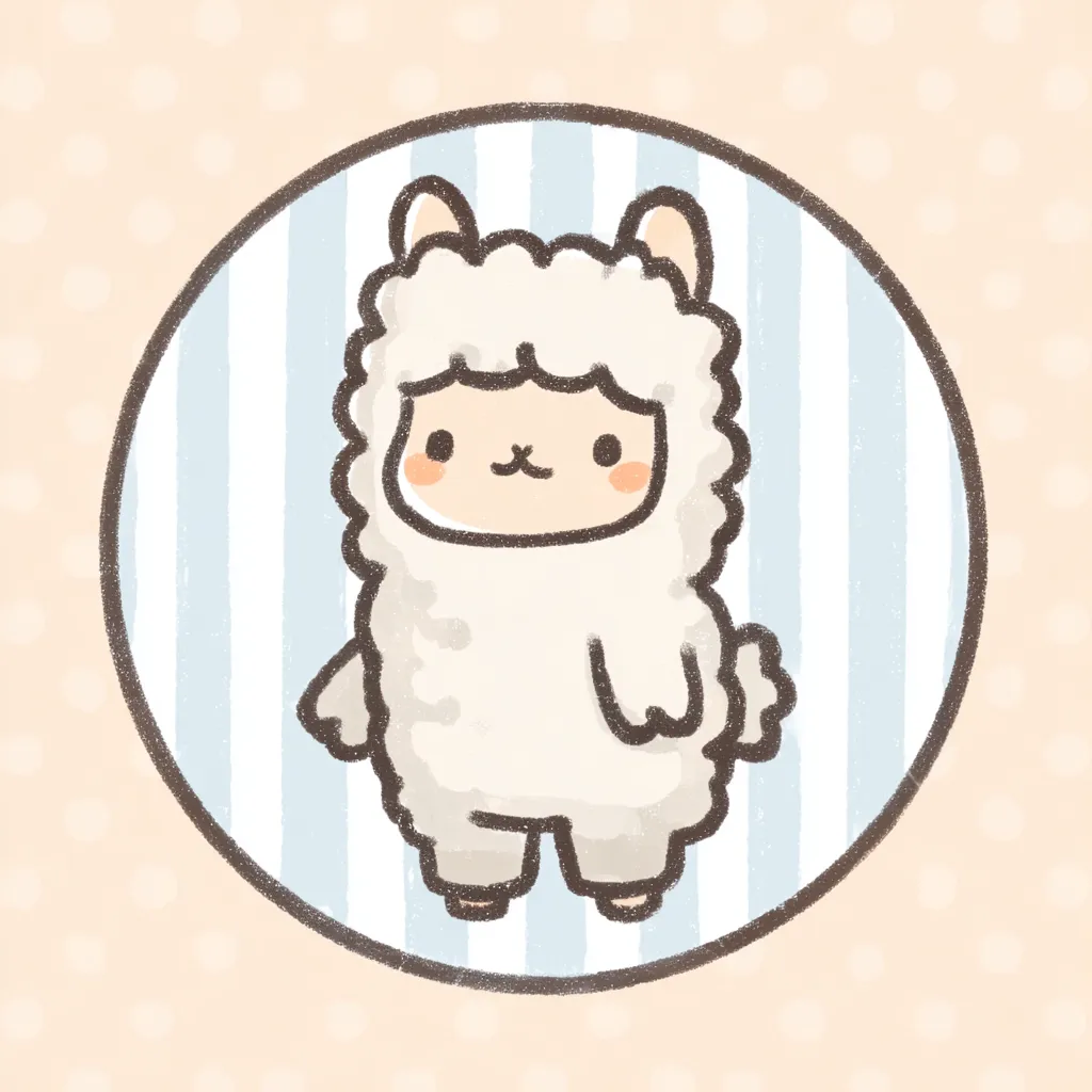 かわいいゆるい丸アイコンのアルパカ着ぐるみ｜アルパカの着ぐるみを着たキャラクターが、親しみやすくもユニークな存在感を放ち、「かわいいゆるい丸アイコンの」中でも個性派として目を引くデザインです。