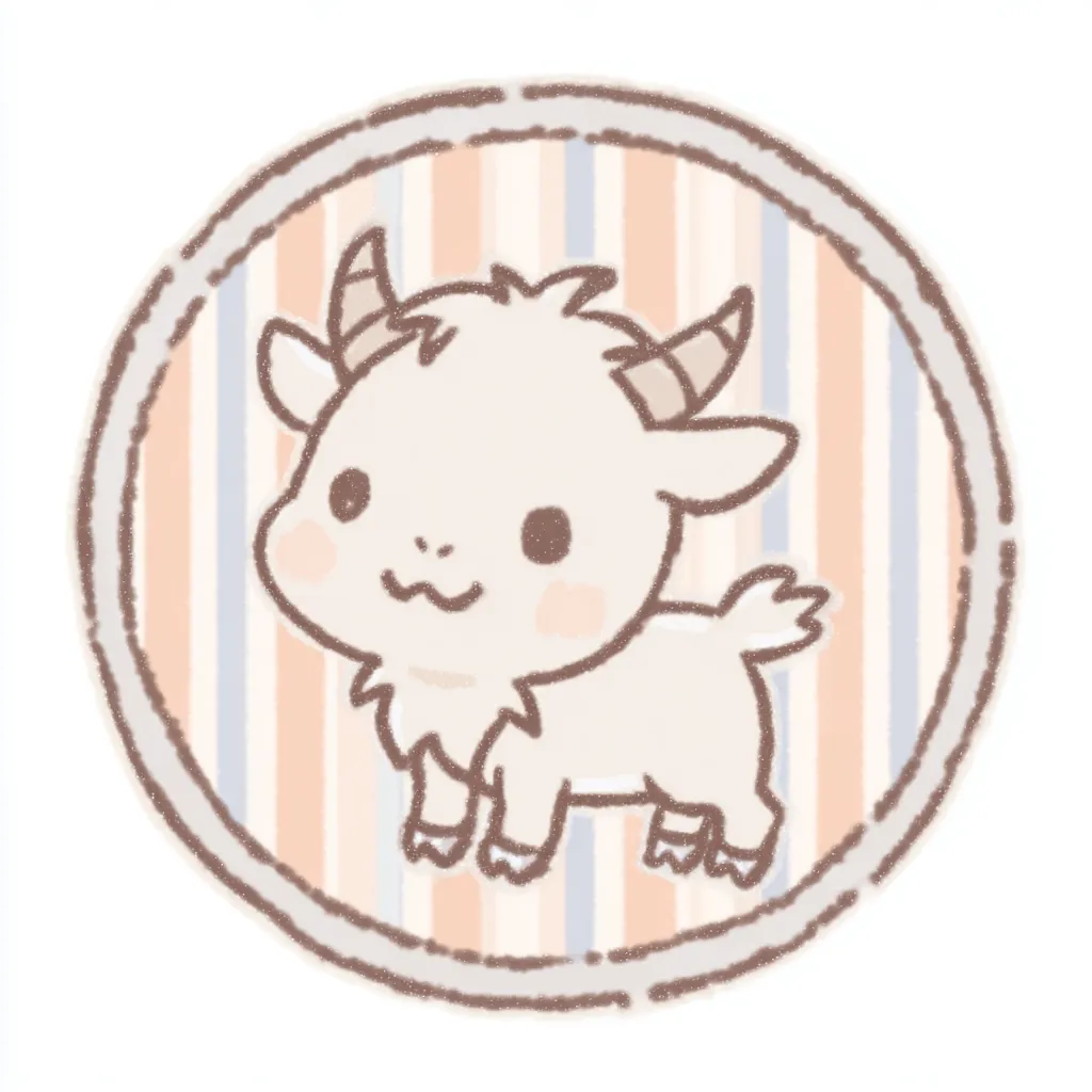 かわいいゆるい丸アイコンのヤギ｜くるんとした角と小さな体が特徴のやぎは、落ち着いたストライプ背景とマッチし、素朴で愛らしい「かわいいゆるい丸アイコンの」魅力が伝わる仕上がりです。
