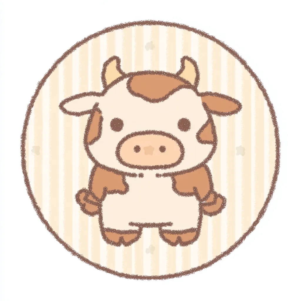 かわいいゆるい丸アイコンのウシ｜濃淡の茶色をまとった牛のキャラクターは、まるっとした体と控えめな表情で、穏やかな印象を放つ「かわいいゆるい丸アイコンの」一例として親しみやすさを感じます。