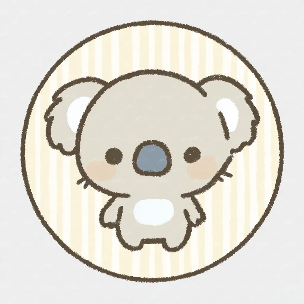 かわいいゆるい丸アイコンのコアラ｜コアラらしい丸い鼻とふわふわの耳が印象的で、薄黄色の背景に映えるやわらかな配色が「かわいいゆるい丸アイコンの」落ち着いた癒し感を演出しています。