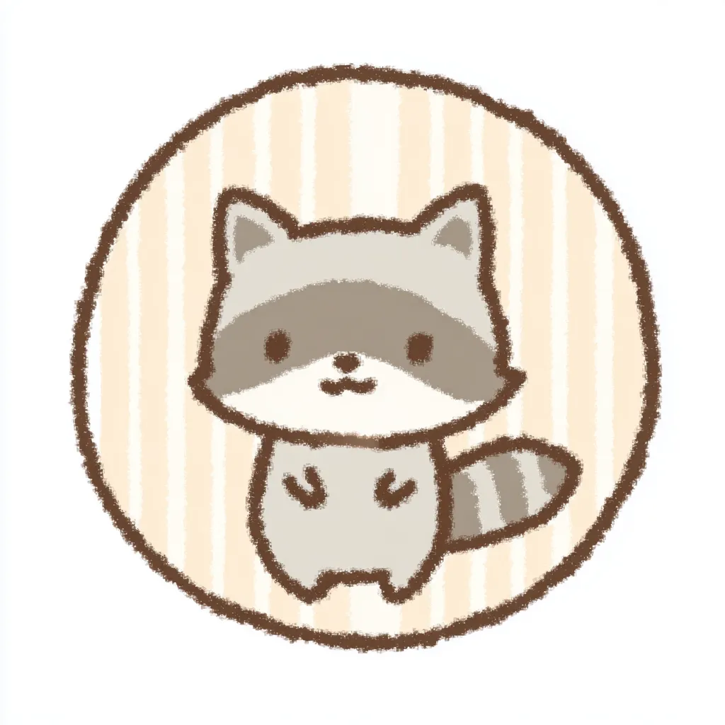 かわいいゆるい丸アイコンのアライグマ｜くっきりとした目元としましまのしっぽが印象的なアライグマが、親しみやすい表情で「かわいいゆるい丸アイコンの」元気な雰囲気を表現しています。