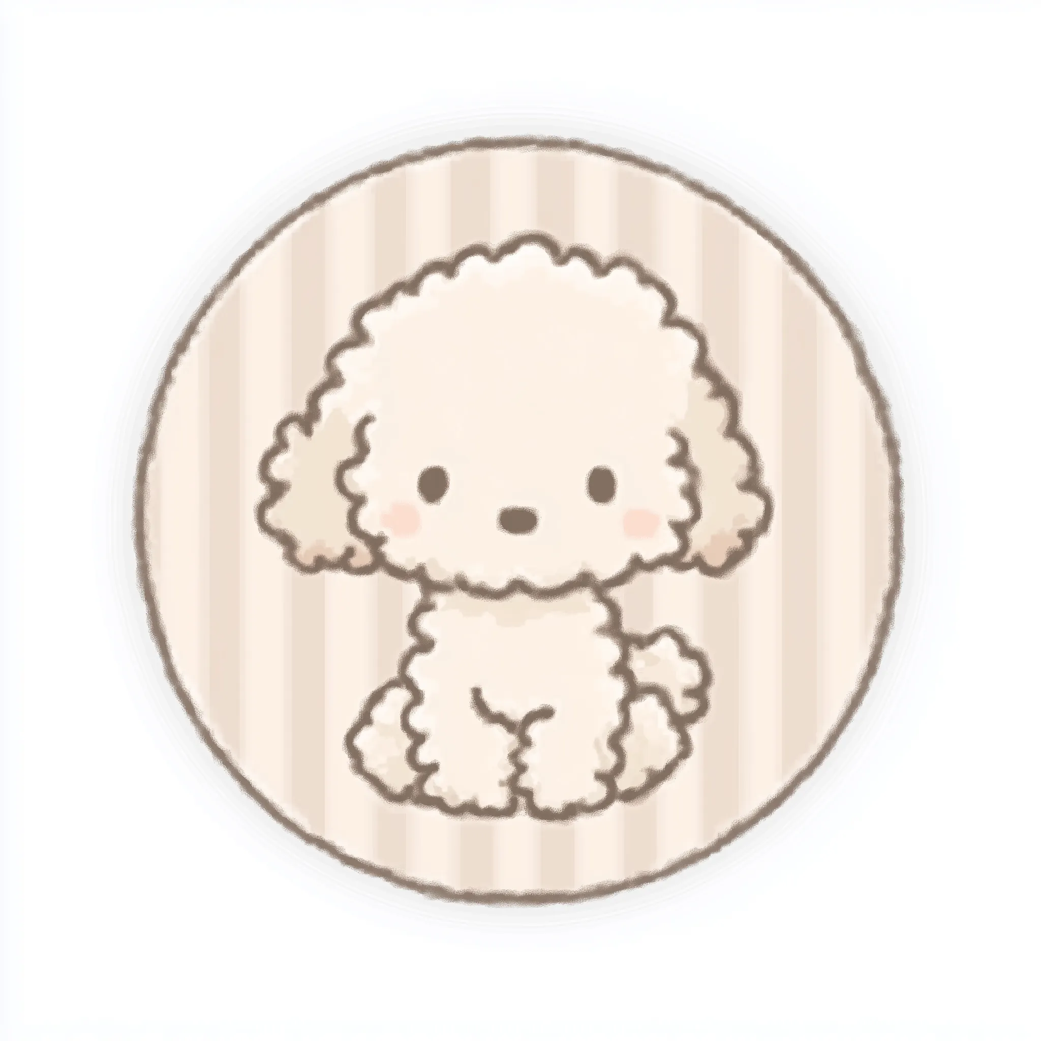 かわいいゆるい丸アイコンのプードル｜ほわほわとしたラインで表現されたプードルが、ベージュ系の柔らかなストライプの中で優しく座る構図です。かわいいゆるい丸アイコンの素朴で柔和な印象が感じられます。
