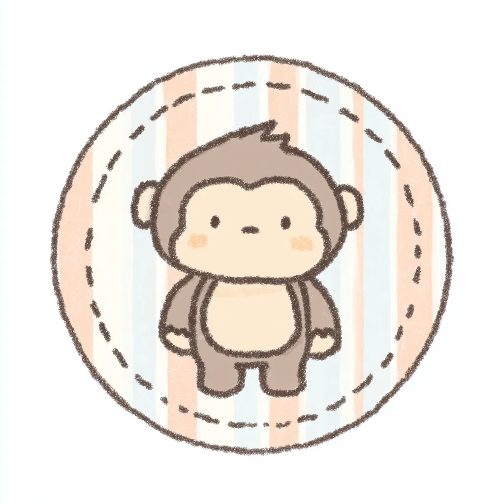 かわいいゆるい丸アイコンのサル1｜ふんわりとした淡い線と色使いが特徴の、かわいいゆるい丸アイコンのサルです。まんまるフォルムと控えめな表情がやさしい印象を与え、ナチュラルな縞模様の背景がほんのりあたたかさを添えています。