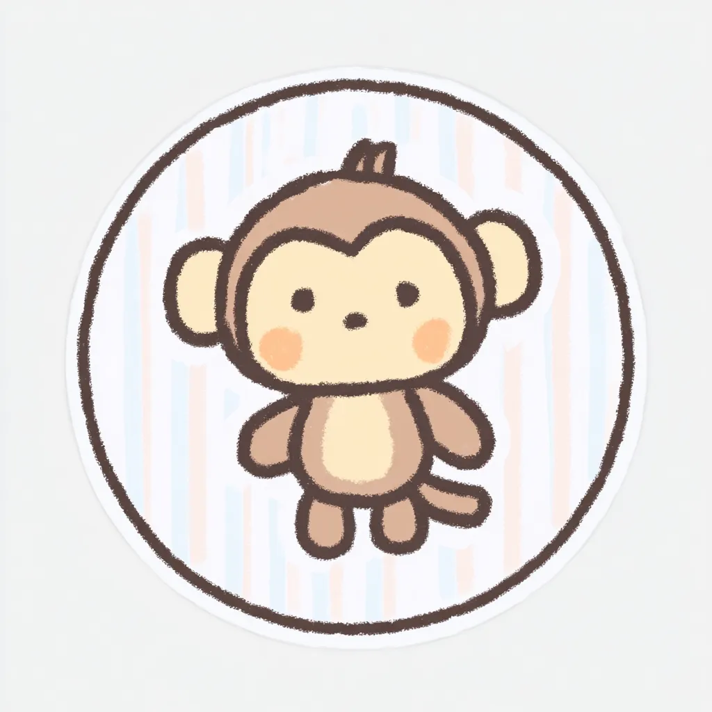 かわいいゆるい丸アイコンのサル2｜丸みのある体つきとしっぽの動きがチャーミングな、かわいいゆるい丸アイコンのサルです。しっかりとした輪郭で親しみやすく、ストライプ背景と頬のオレンジが明るく元気な雰囲気を演出します。