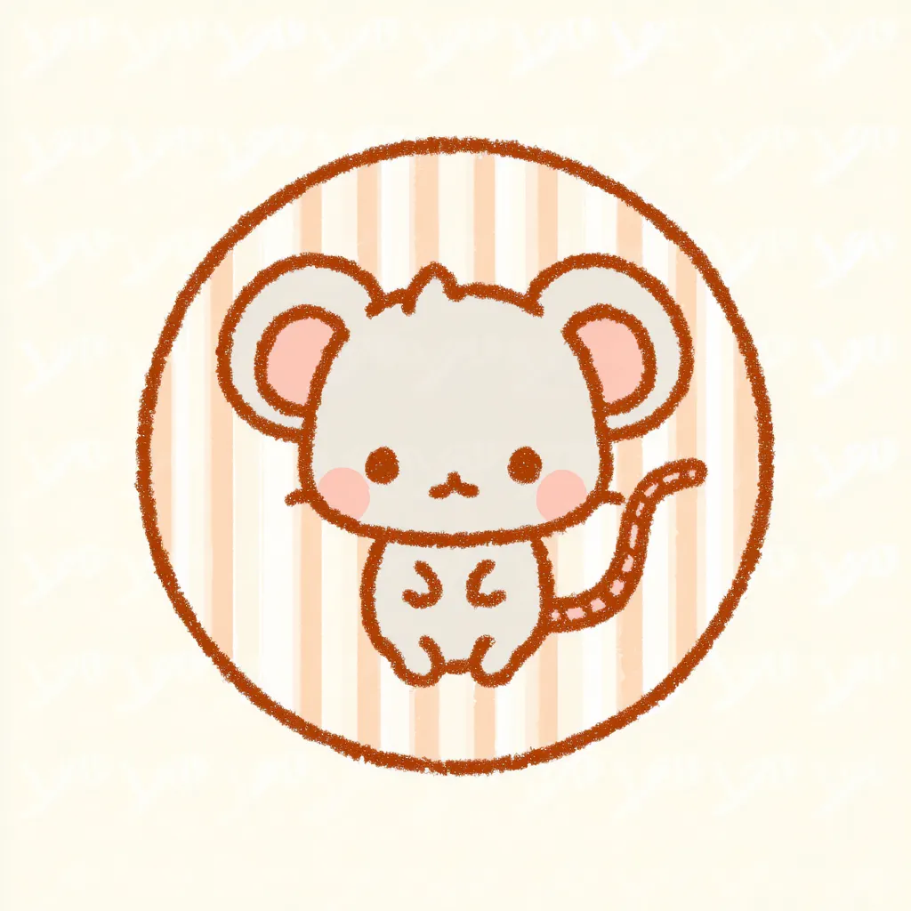 かわいいゆるい丸アイコンのネズミ｜小さな手足と大きな耳が印象的な、かわいいゆるい丸アイコンのネズミです。パステル調の縞模様とふわっとした線がやさしさを感じさせ、やわらかい配色が見る人の心をほっと和ませてくれます。