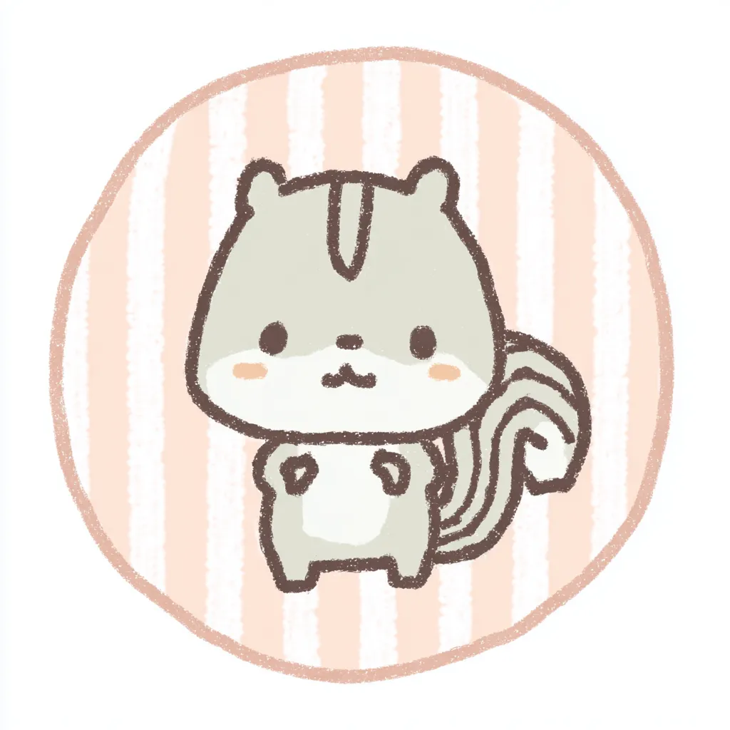 かわいいゆるい丸アイコンのリス｜くるんとしたしっぽとほんのり赤い頬が印象的な、かわいいゆるい丸アイコンのリスです。線の柔らかさと控えめな色づかいが落ち着いた雰囲気をつくり、温もりのある背景が優しさを際立たせます。