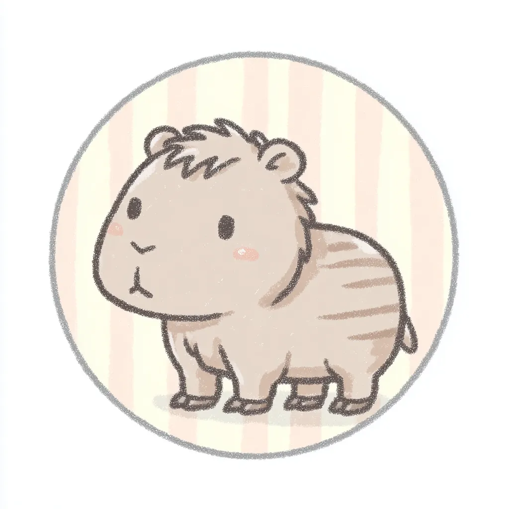 かわいいゆるい丸アイコンのカピバラ｜自然な毛並みとほっとした表情が魅力の、かわいいゆるい丸アイコンのカピバラです。淡い縞模様の背景と繊細なタッチが穏やかな空気を生み、癒しを感じさせるデザインに仕上がっています。