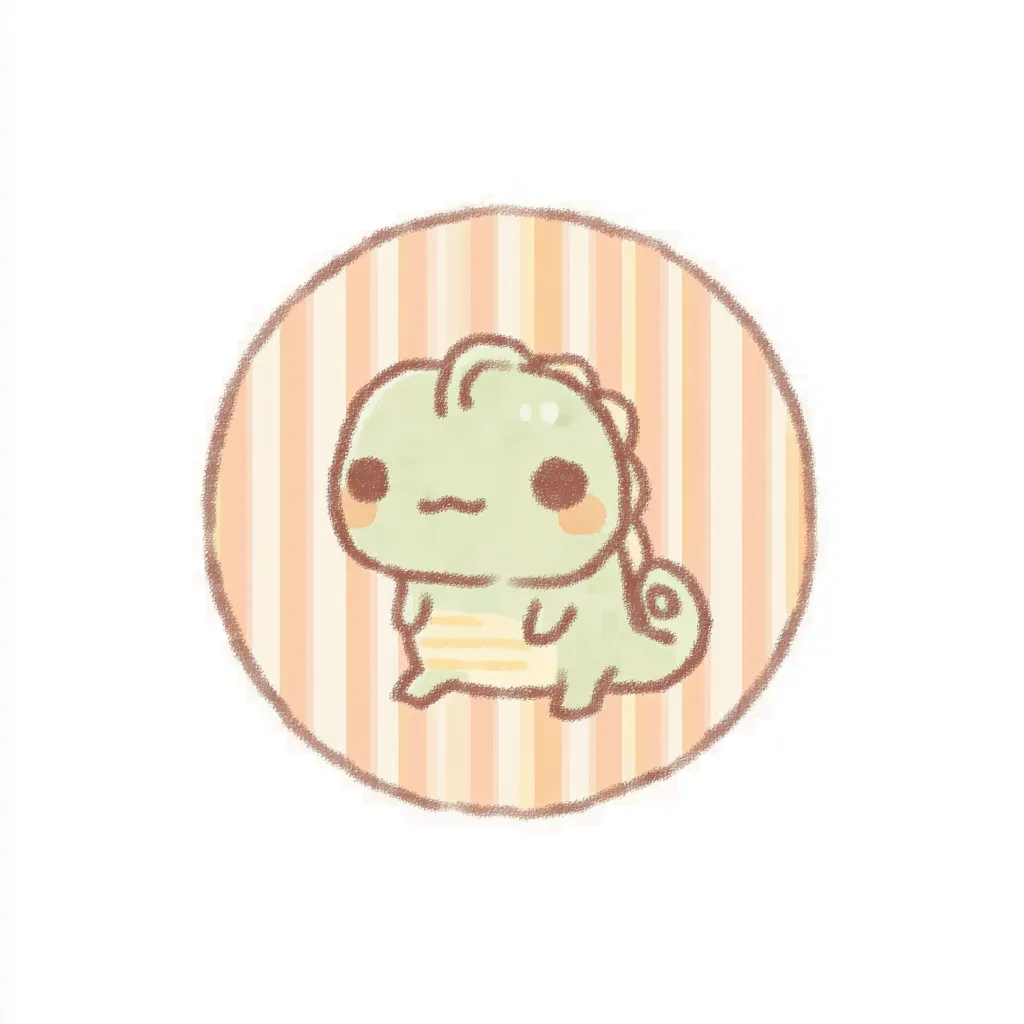 かわいいゆるい丸アイコンのカメレオン｜ゆるやかなカーブとくるんとしたしっぽが可愛らしい、かわいいゆるい丸アイコンのカメレオンです。パステルの緑と黄色が軽やかで、ふんわりした線が絵本のような柔らかい印象を与えます。
