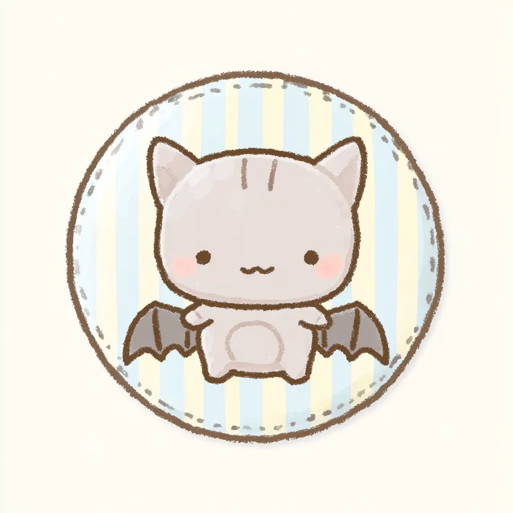 かわいいゆるい丸アイコンのコウモリ｜手描き感のある羽とまるい体の対比が愛らしい、かわいいゆるい丸アイコンのコウモリです。やわらかいストライプ背景とほんのり赤みを帯びた頬が、ポップで親しみやすい雰囲気を演出します。