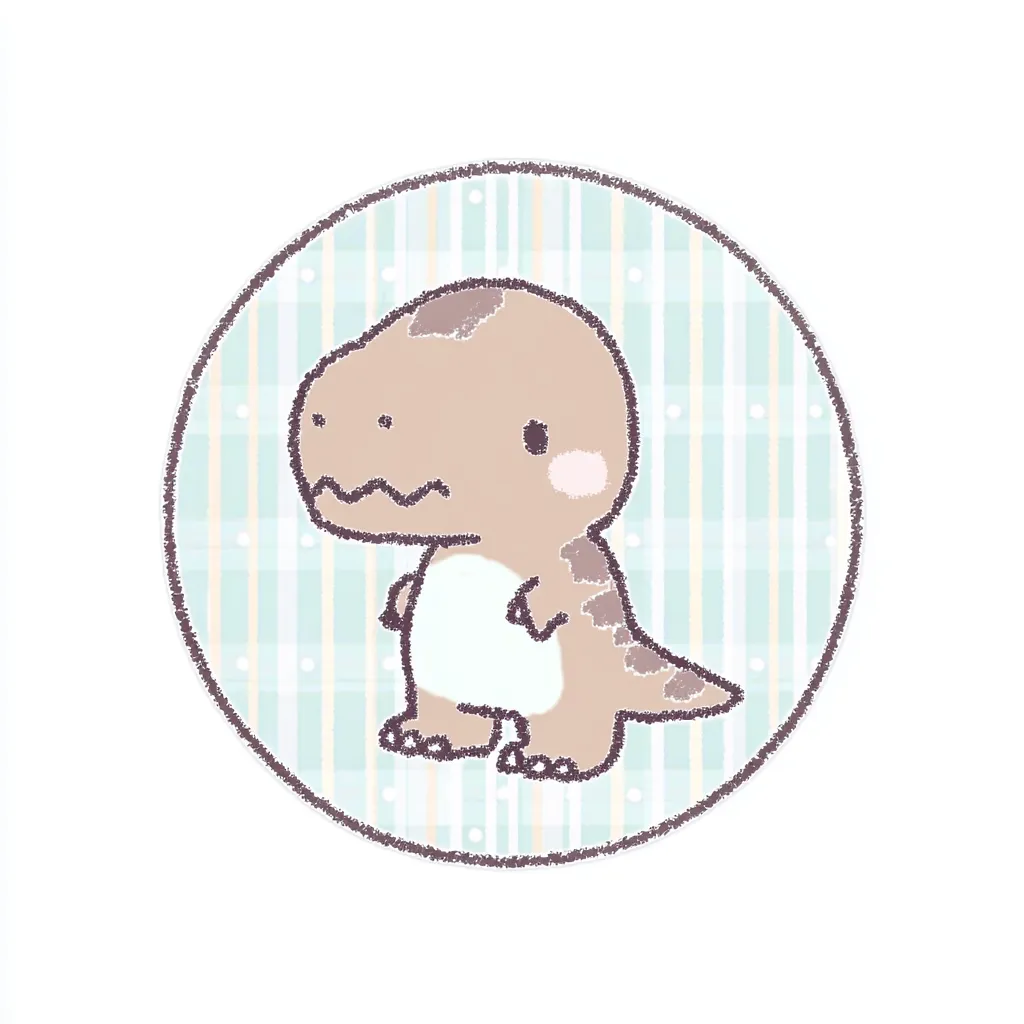かわいいゆるい丸アイコンのティラノサウルス｜ぽてっとしたフォルムと控えめな表情が魅力の、かわいいゆるい丸アイコンのティラノサウルスです。やわらかいチェック柄と落ち着いた配色が、ゆるさと可愛さをちょうどよく両立しています。