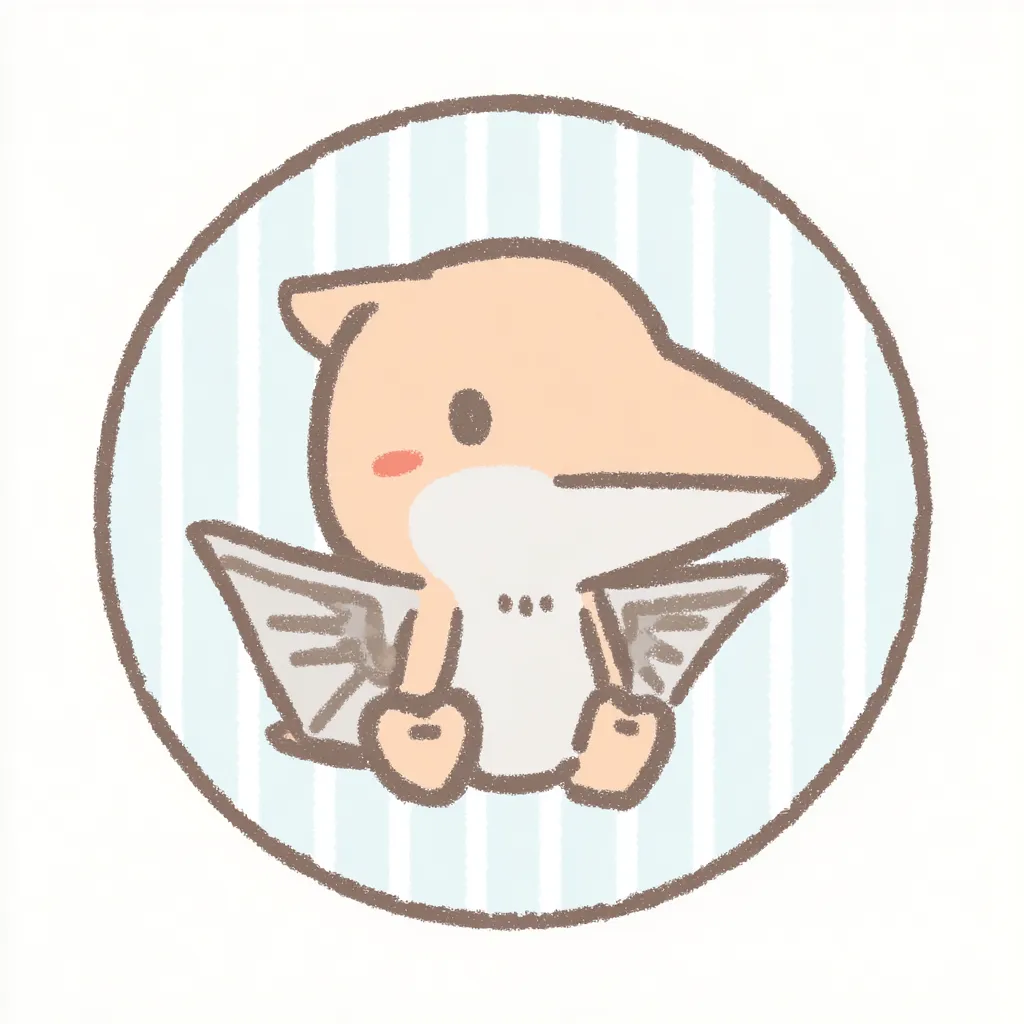 かわいいゆるい丸アイコンのプテラノドン1｜長いくちばしと大きな羽をコンパクトにまとめた、かわいいゆるい丸アイコンのプテラノドンです。やさしいブルーの背景に、まるいシルエットとちょこんと座った姿がユーモラスに映えています。