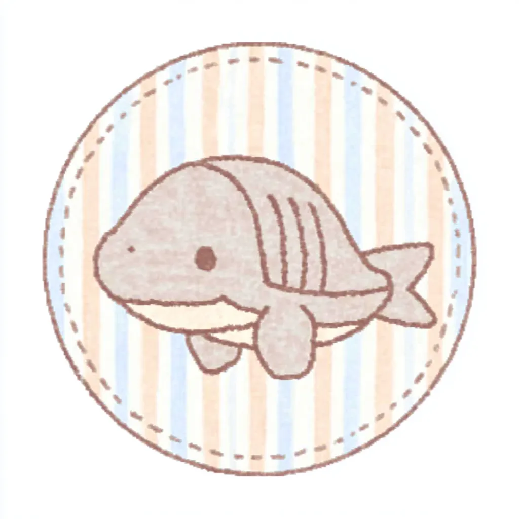 かわいいゆるい丸アイコンのモササウルス｜丸みを帯びた体とやさしい表情が印象的な、かわいいゆるい丸アイコンのモササウルスです。淡いブルーとベージュのストライプが爽やかさを添え、手描き風の輪郭が親しみやすさを演出しています。