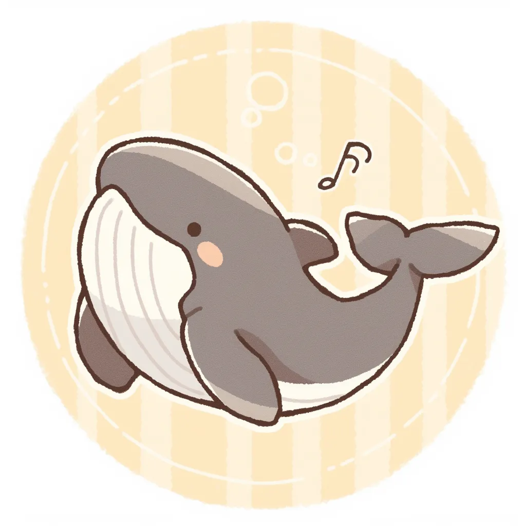 かわいいゆるい丸アイコンのクジラ1｜丸みのある体と音符のワンポイントが楽しい、かわいいゆるい丸アイコンのクジラです。柔らかい線と濃淡のあるグレーがやさしく、黄色が基調の背景がポジティブな雰囲気を演出しています。