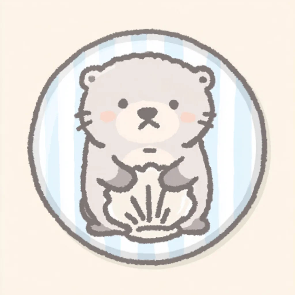 かわいいゆるい丸アイコンのラッコ｜手にした貝を大事そうに抱えるラッコが、薄い青の縞と柔らかい陰影の中に描かれ、ほっとする可愛らしさを持つかわいいゆるい丸アイコンの代表的な構成です。
