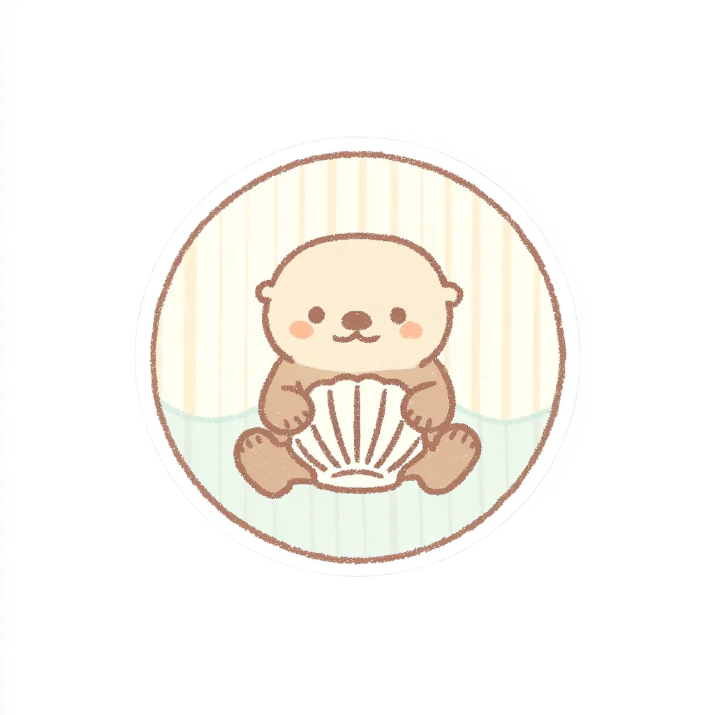 かわいいゆるい丸アイコンのラッコ｜やさしい配色と手描き風のタッチで描かれたラッコが、波模様と縞背景の中で笑顔を見せる、かわいいゆるい丸アイコンの雰囲気にぴったりのデザインです。