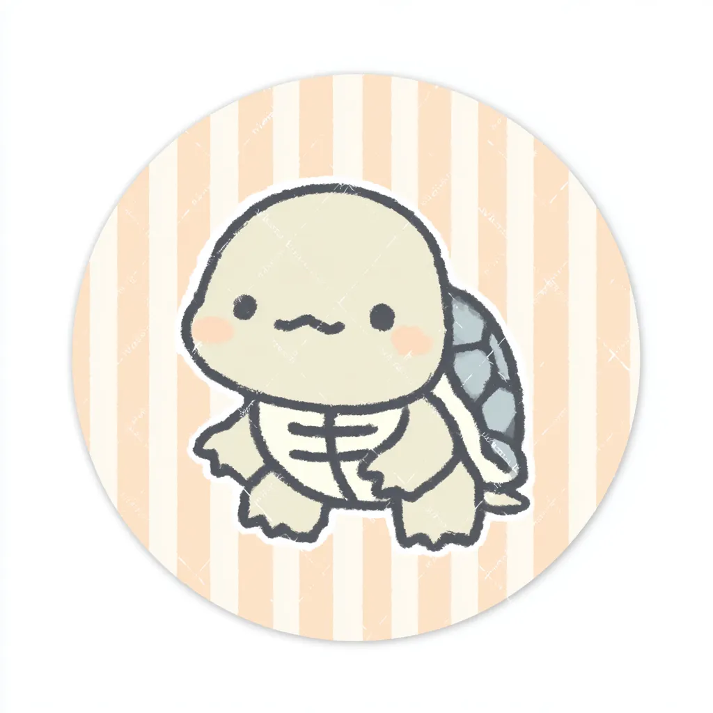 かわいいゆるい丸アイコンのカメ｜ぽってりしたフォルムとやわらかな表情が魅力のカメで、明るいストライプ背景とふんわりした色調が調和した、かわいいゆるい丸アイコンの一枚です。