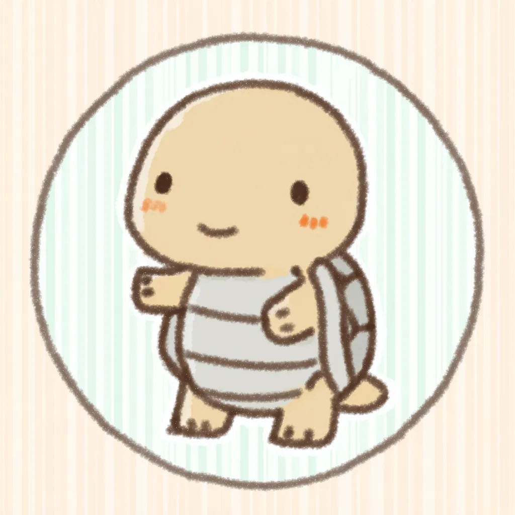 かわいいゆるい丸アイコンのウミガメ｜甲羅の模様が印象的なウミガメが、淡いオレンジのストライプの上で微笑みを浮かべる、ほっこりとしたかわいいゆるい丸アイコンのアートです。