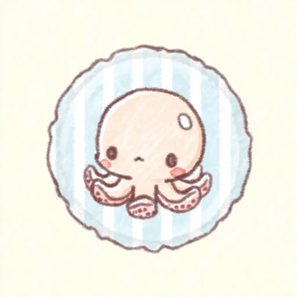 かわいいゆるい丸アイコンのタコ｜つややかでふんわりとした線と配色で描かれたタコが、水色の縞に浮かぶような構図で存在感を放つ、かわいいゆるい丸アイコンの特徴をよく表しています。