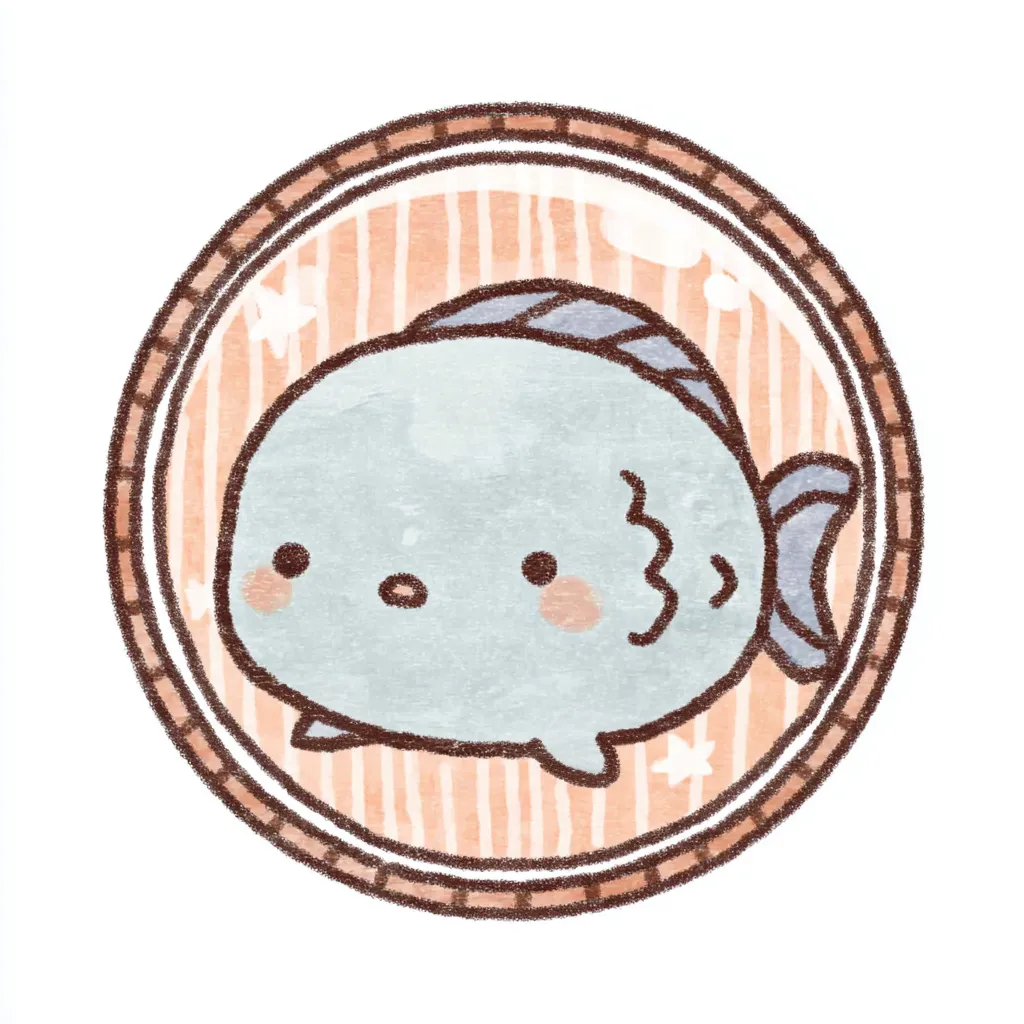 かわいいゆるい丸アイコンの魚A｜ぷっくりとした青みのある魚が、縞模様と貝殻のような装飾に包まれ、手描き感のある線で表情豊かに描かれたかわいいゆるい丸アイコンの作品です。