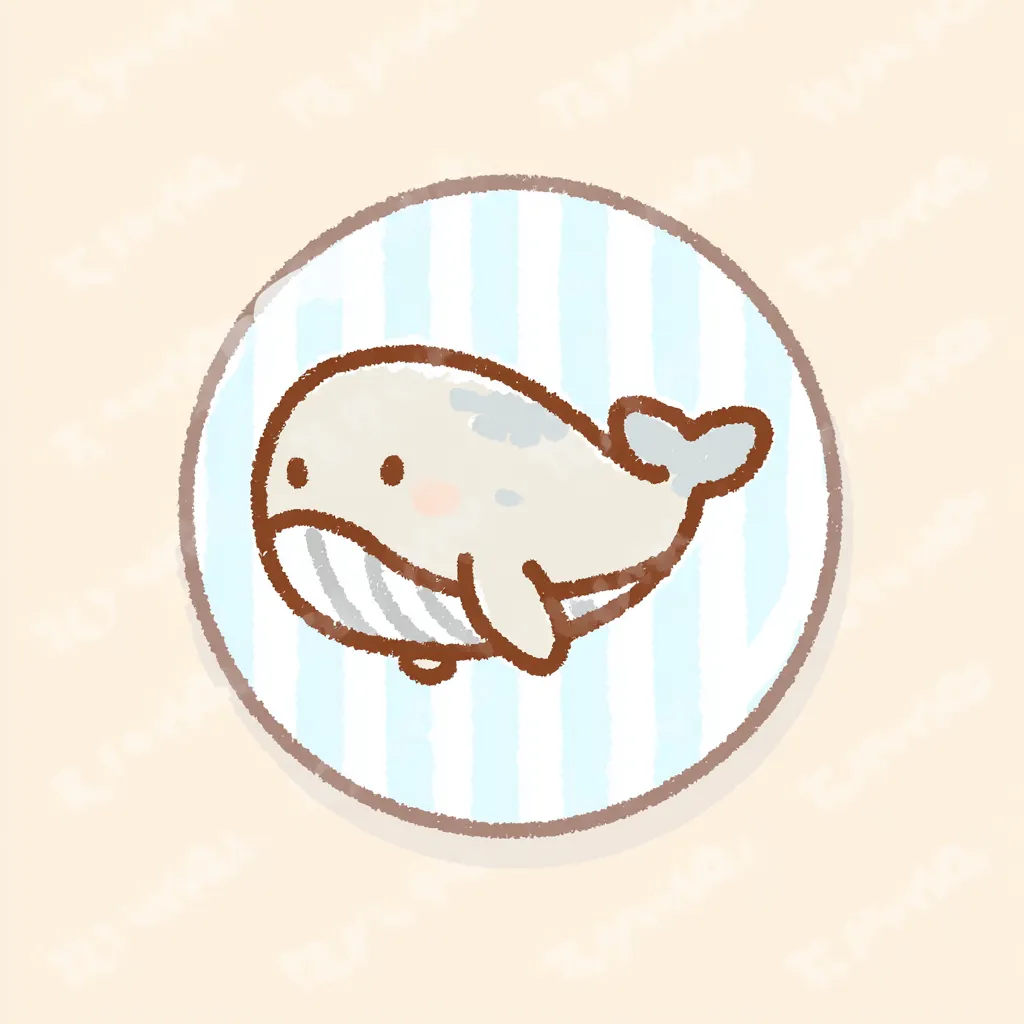 かわいいゆるい丸アイコンのクジラ2｜素朴な線とパステル調の色合いが親しみやすい、かわいいゆるい丸アイコンのクジラです。手描き風のタッチがあたたかく、やわらかな水色の縞背景が穏やかな印象を与えています。
