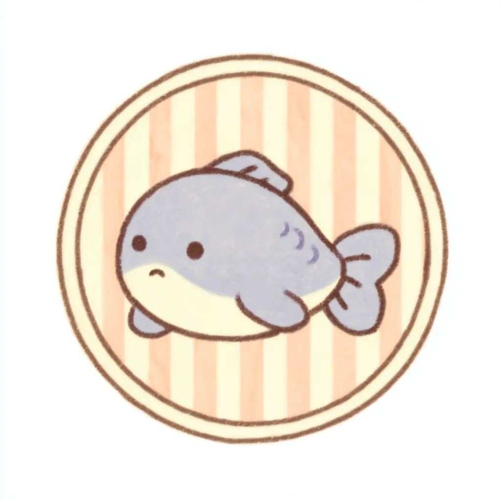 かわいいゆるい丸アイコンの魚B｜ぽてっとした身体とオレンジ系のストライプ背景が調和し、やさしく落ち着いた印象の魚が登場する、かわいいゆるい丸アイコンの一枚です。