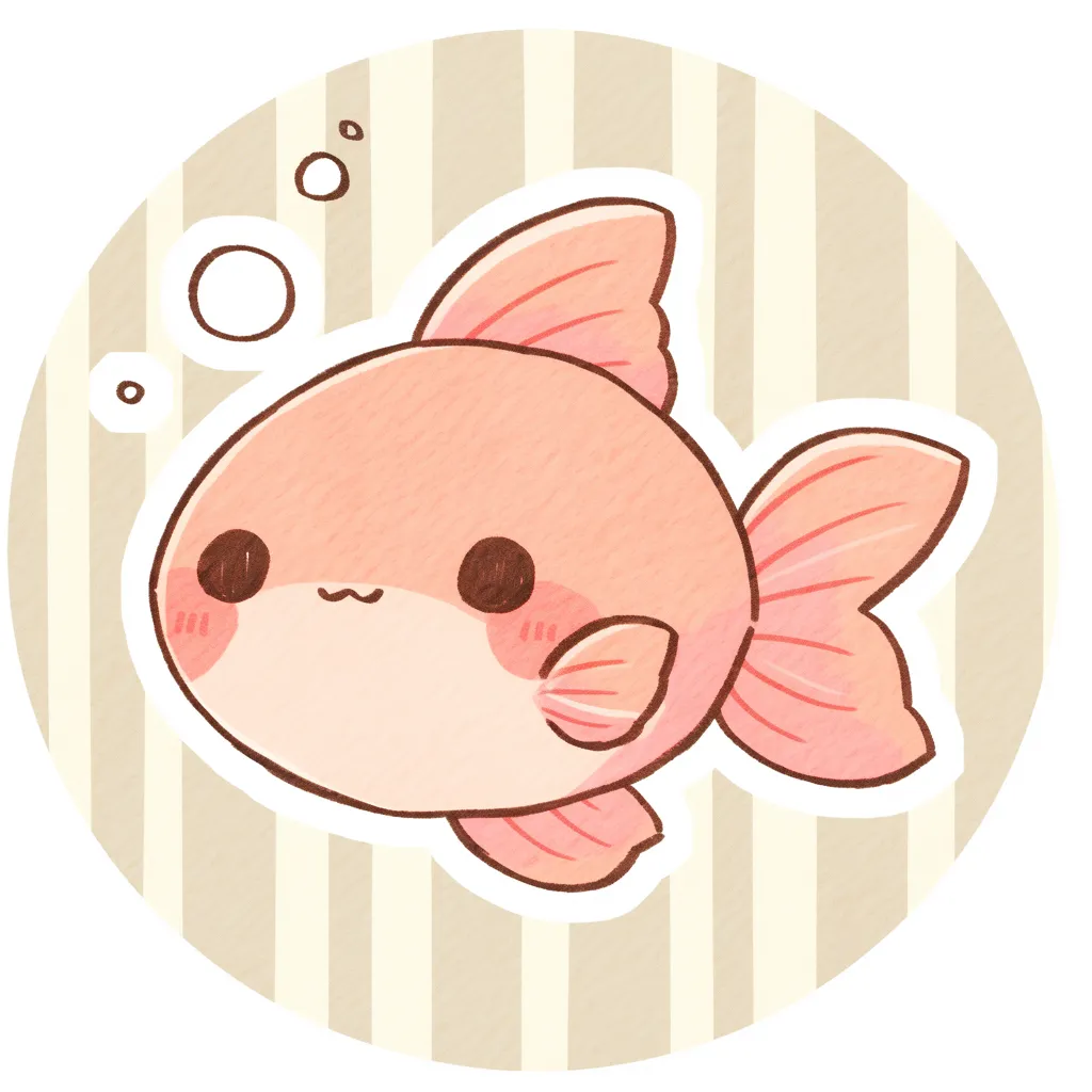 かわいいゆるい丸アイコンの金魚A｜ピンク色のまるっとした金魚が淡いベージュの縞背景に映える、バブルのアクセントも愛らしいかわいいゆるい丸アイコンの魅力があふれた一枚です。
