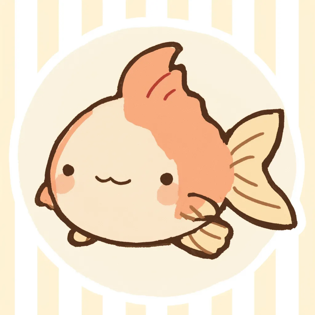 かわいいゆるい丸アイコンの金魚B｜ふっくらとしたボディとユニークな頭のかたちが特徴の金魚が、やさしいイエローストライプの背景に浮かぶ、かわいいゆるい丸アイコンの穏やかなデザインです。