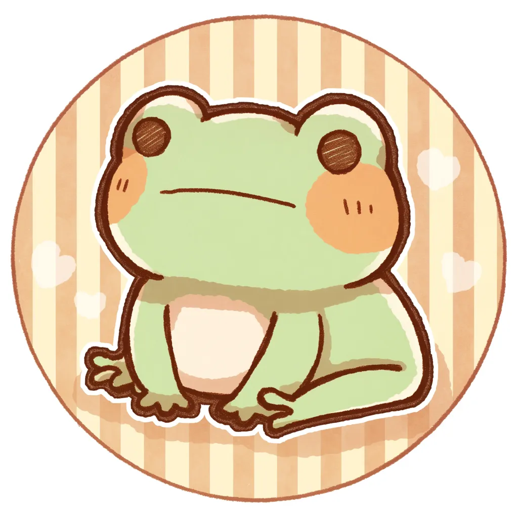 かわいいゆるい丸アイコンのカエルA｜少しすまし顔のカエルがオレンジの縞模様の中に描かれ、頬の赤みが印象的な、ポップで親しみやすいかわいいゆるい丸アイコンのテイストです。