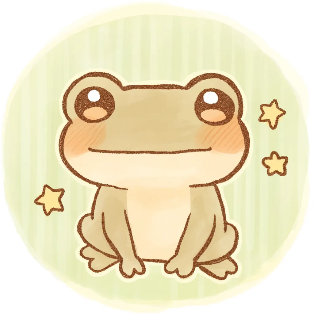 かわいいゆるい丸アイコンのカエルB｜大きな瞳でこちらを見つめるカエルが、グリーンのストライプと星のモチーフに包まれ、やわらかく優しいかわいいゆるい丸アイコンの雰囲気をまとっています。