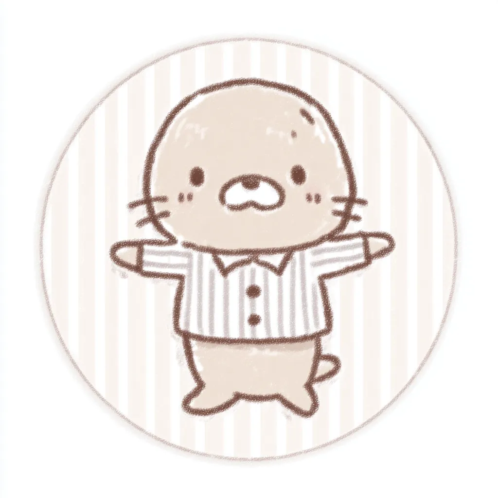 かわいいゆるい丸アイコンのアザラシ｜やさしい茶色の線と柔らかいパステル調の配色で仕上げられたアザラシが、ストライプ背景の中で手を広げた姿が愛らしい、かわいいゆるい丸アイコンのシリーズです。