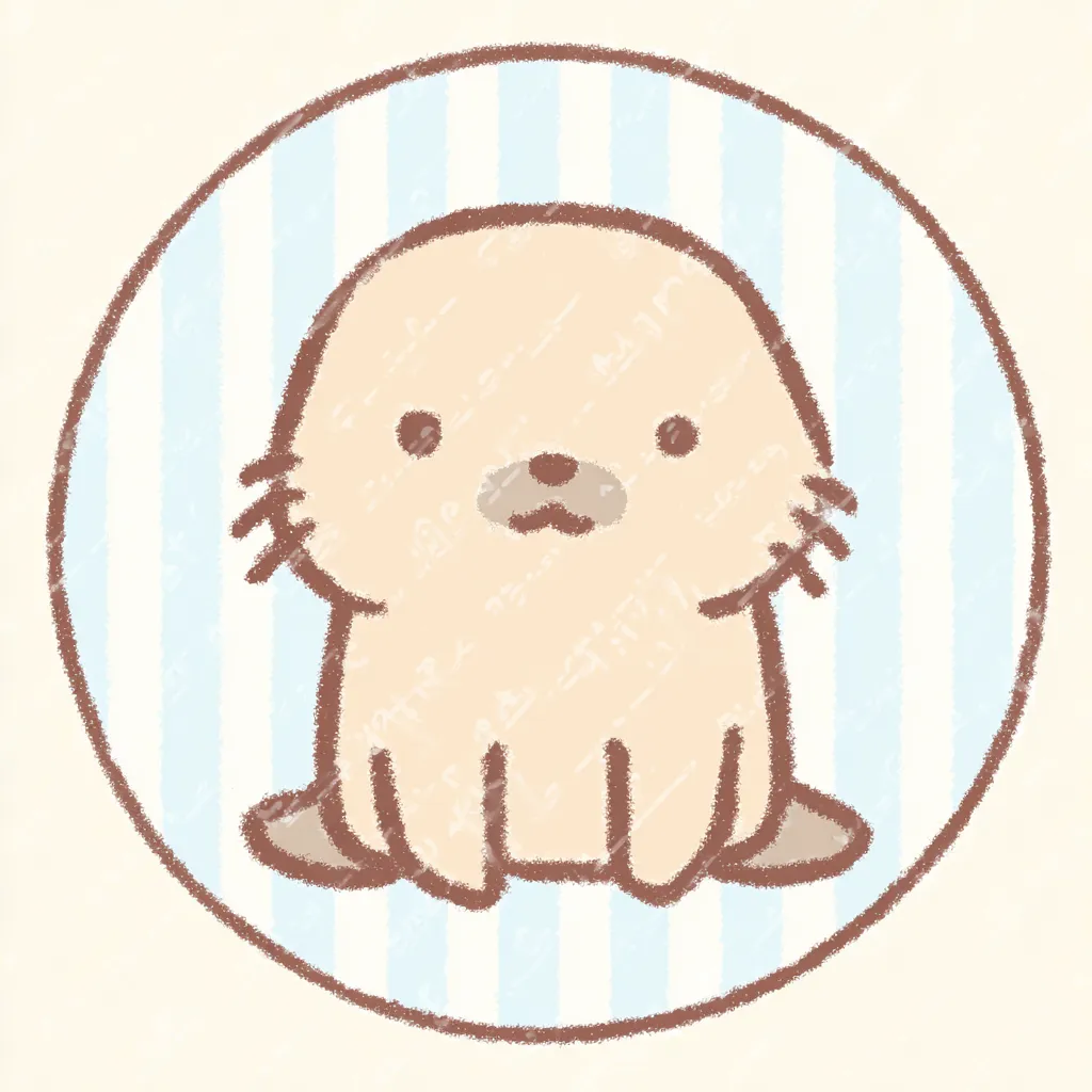 かわいいゆるい丸アイコンのアシカ｜落ち着いた色合いと素朴な表情で描かれたアシカが、ふんわりとしたタッチと淡い水色の縞背景に包まれ、見る人に癒しを届けるかわいいゆるい丸アイコンのテイストです。