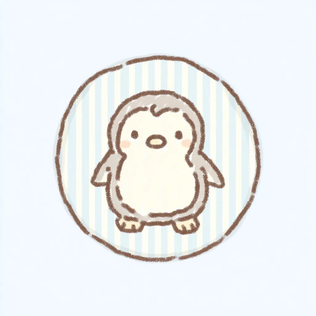 かわいいゆるい丸アイコンのペンギンA｜まるみを帯びたフォルムと手描き感ある線が魅力のペンギンで、あたたかみのある塗りと優しいストライプ背景が調和した、かわいいゆるい丸アイコンの一例です。