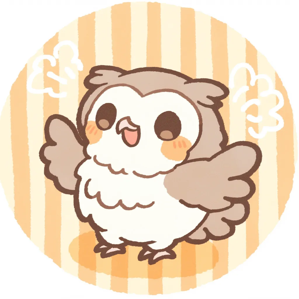 かわいいゆるい丸アイコンのフクロウ｜くすみブラウンとまるっこいフォルムで親しみやすさを表現したフクロウが元気よく羽を広げています。「かわいいゆるい丸アイコンの」らしいポップでぬくもりあるトーンで、見た人に元気を与えるようなデザインです。