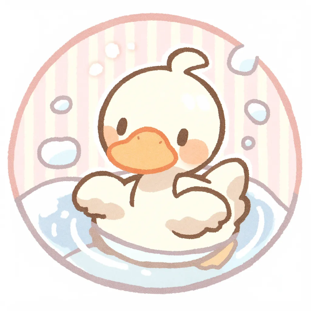 かわいいゆるい丸アイコンの白鳥｜泡と水面に囲まれた白鳥が、まるでバスタイムを楽しむかのように表現されています。やわらかい線と優しいベージュ系カラーで、「かわいいゆるい丸アイコンの」リラックスした空気感を可愛らしく描き出しています。