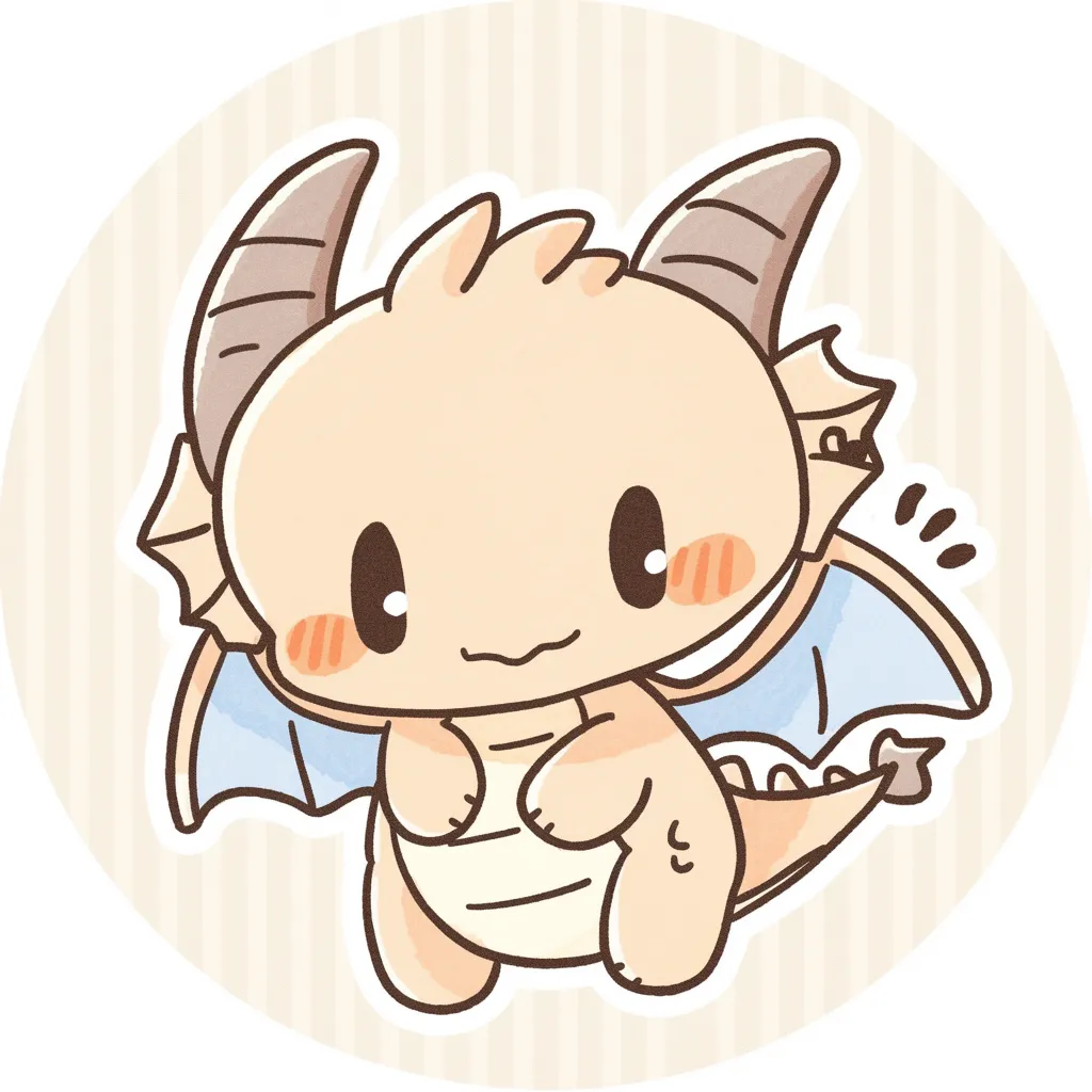 かわいいゆるい丸アイコンのドラゴン｜やさしいベージュトーンと水色の羽が印象的なドラゴンが、ほんのり笑顔で描かれています。小さな角と丸いボディで怖さを感じさせず、「かわいいゆるい丸アイコンの」世界観にぴったりのキュートな存在感を放っています。