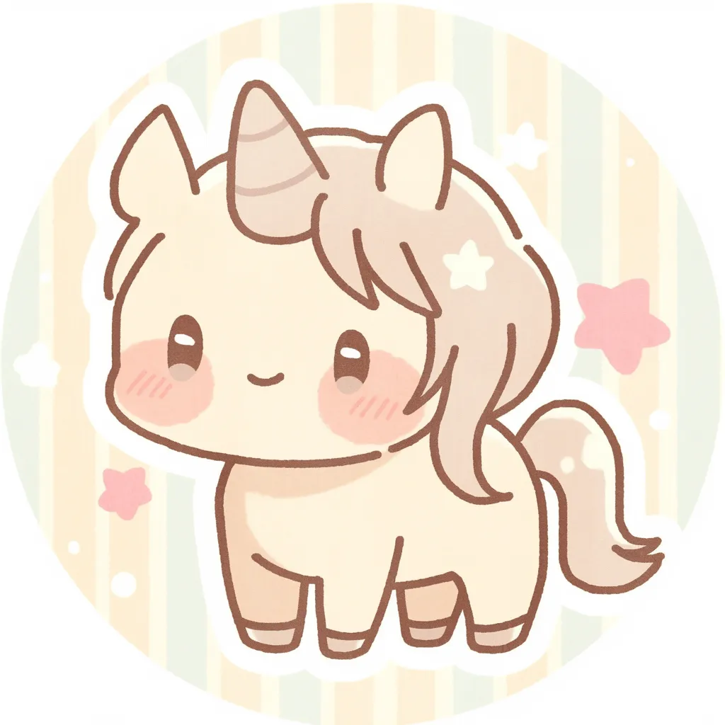 かわいいゆるい丸アイコンのユニコーン｜おっとりとした表情のユニコーンが、星の飾りに囲まれて幻想的に立っています。明るいベージュとやさしいピンクの組み合わせが、「かわいいゆるい丸アイコンの」やさしく夢見心地な世界を感じさせます。