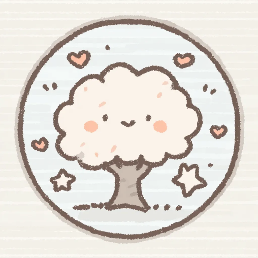 かわいいゆるい丸アイコンの桜の木｜ふんわりとしたピンクの樹冠に笑顔を添えた桜の木が、やさしい線と淡い背景で丸くおさめられたかわいいゆるい丸アイコンのデザインです。春らしい安心感を届けてくれます。