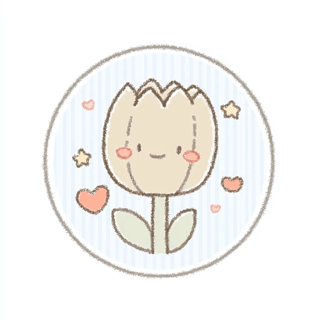 かわいいゆるい丸アイコンのチューリップ２｜くすみ系のやわらかい色味で描かれたチューリップが、淡いストライプ背景に映えるかわいいゆるい丸アイコンのシリーズ。控えめながら心地よい親しみを感じさせてくれます。